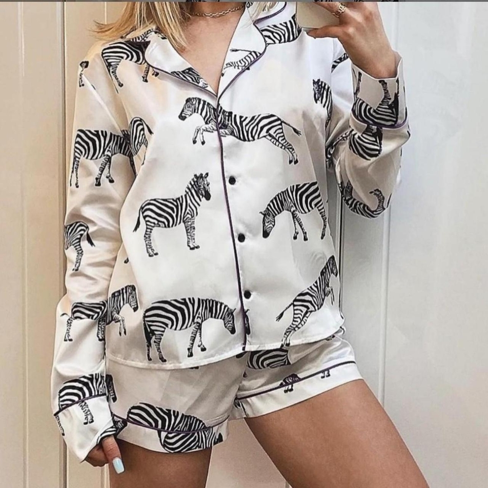 Zebra print satin pajama 2 piece set from Boohoo